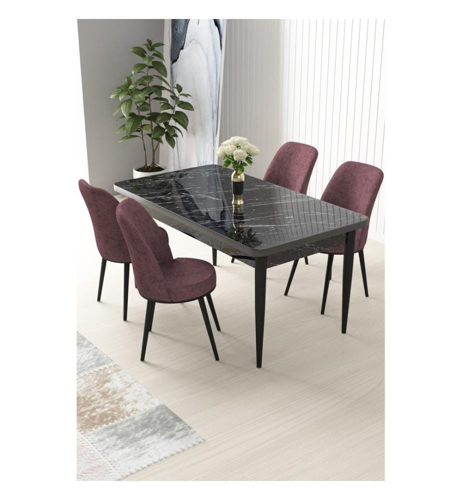 Essgruppe mit Tisch und Stühlen, 5-teilig, Schwarzer Marmor, Altrosa, 100 % melaminbeschichtete Spanplatte