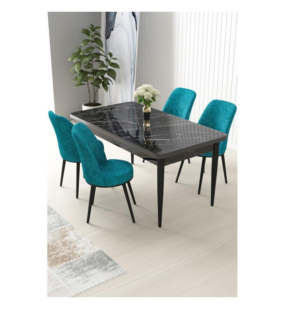 Ensemble de salle à manger avec table et chaises, 5 pièces, marbre noir, turquoise, 100 % panneau de particules mélaminé
