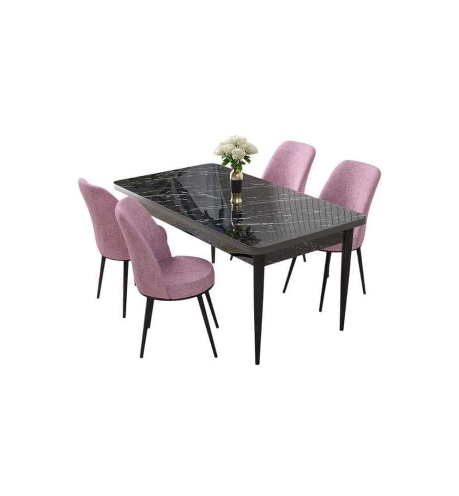 Ensemble de salle à manger avec table et chaises, 5 pièces, Marbre noir, Rose, 100 % panneau de particules mélaminé