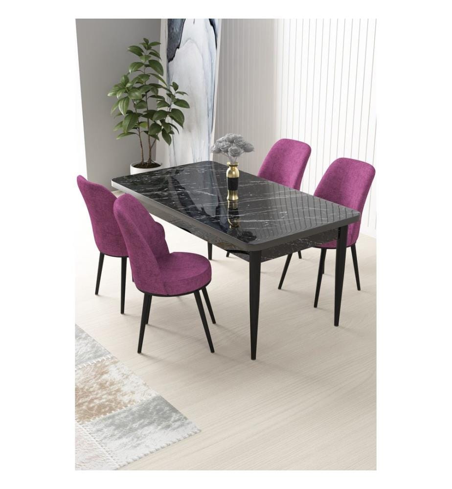 Ensemble de salle à manger avec table et chaises, 5 pièces, Marbre noir, Violet, 100 % panneau de particules mélaminé