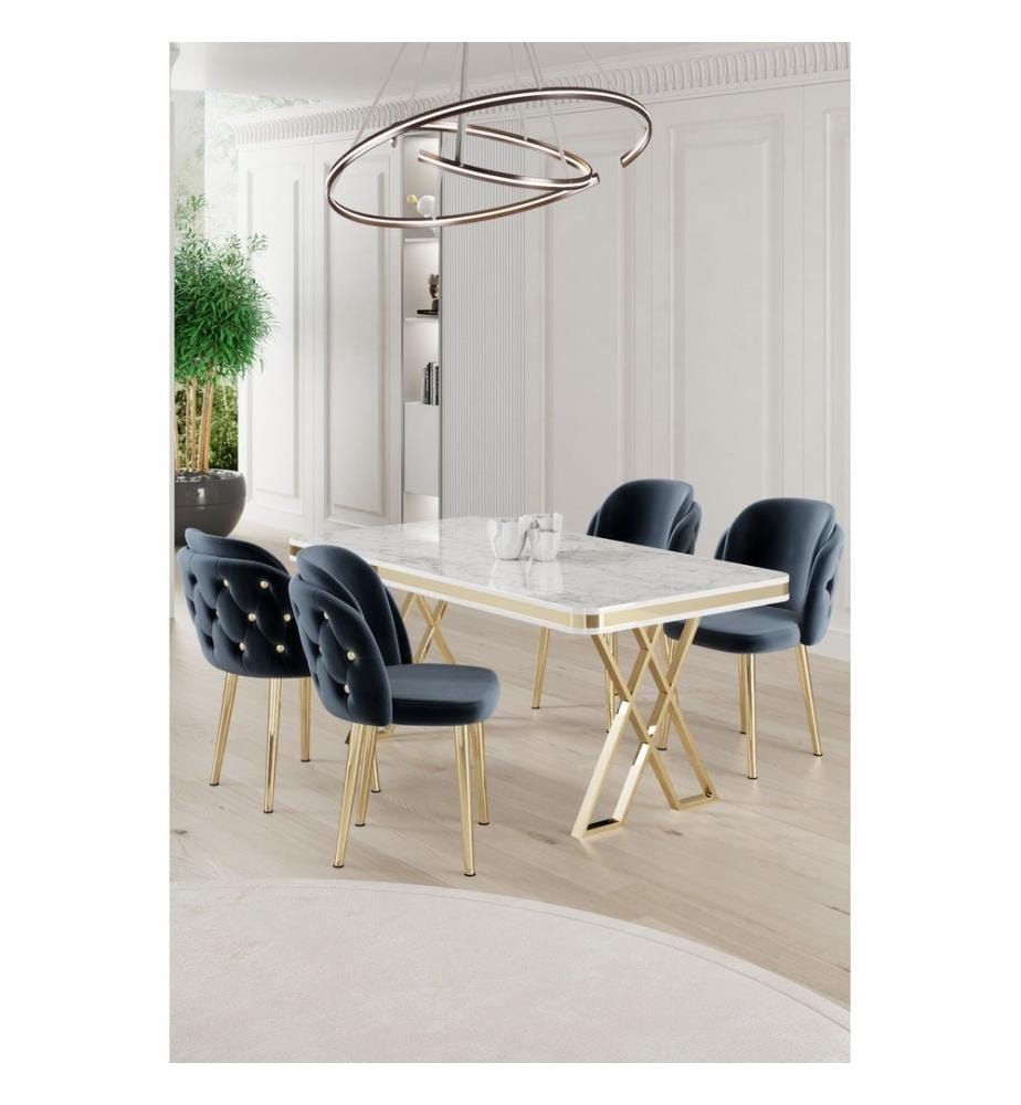Ensemble de salle à manger avec table et chaises, 5 pièces, blanc, or, anthracite, 100 % plateau laqué