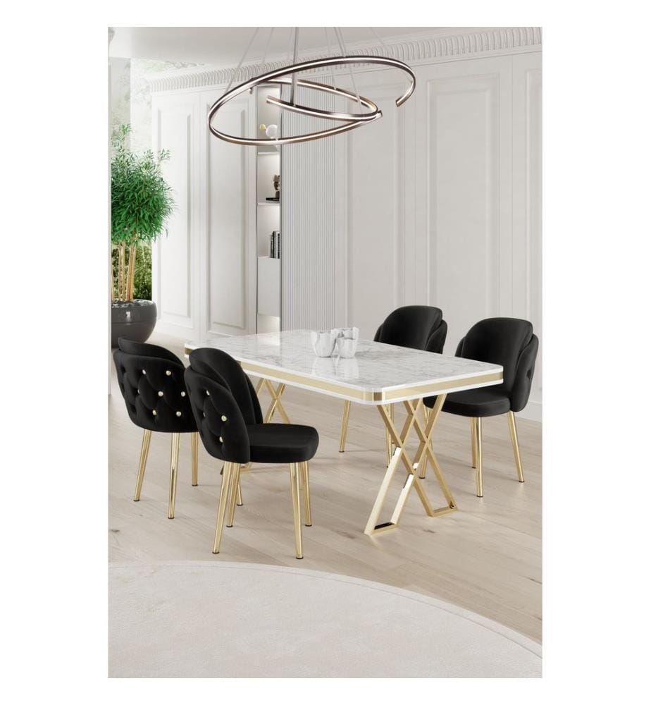Set tavolo e sedie da pranzo, 5 pezzi, bianco, oro, nero, pannello laccato al 100%.