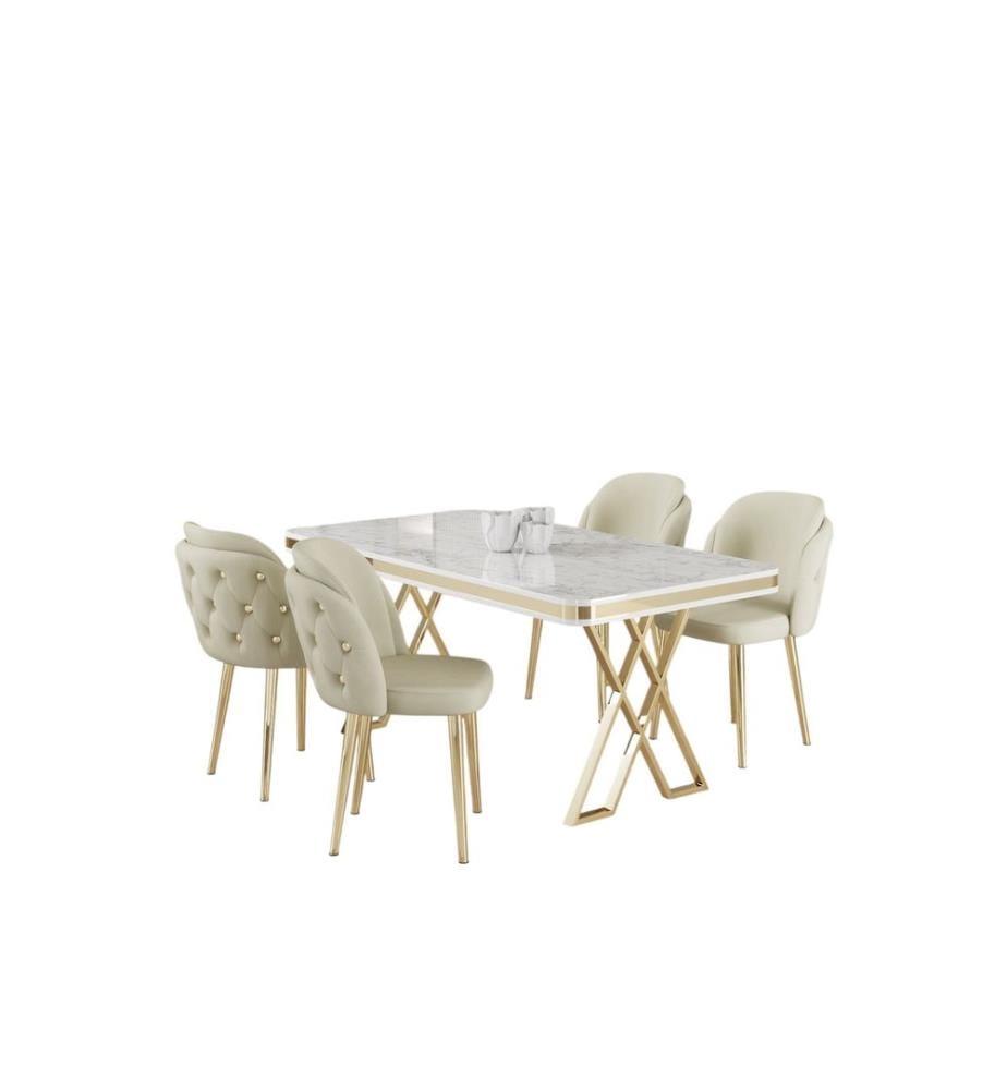 Ensemble de salle à manger avec table et chaises, 5 pièces, blanc, or, crème, plateau 100 % laqué