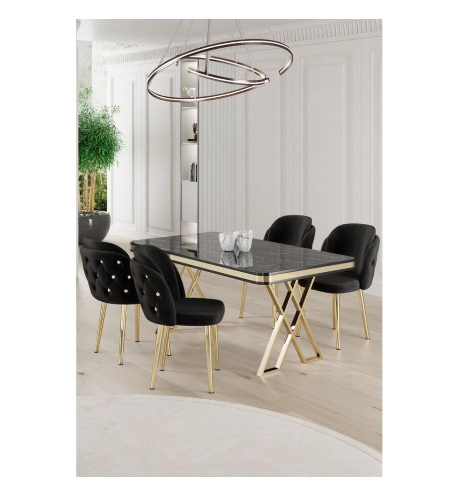 Set tavolo e sedie da pranzo, 5 pezzi, marmo nero, oro, nero, pannello laccato al 100%.