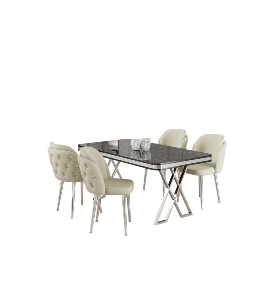 Essgruppe mit Tisch und Stühlen, 5-teilig, Schwarzer Marmor, Chrom, Creme, 100 % Lackplatte