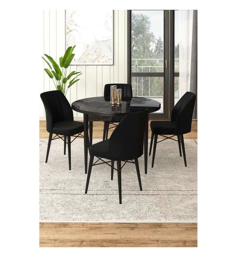 Set tavolo e sedie da pranzo, 5 pezzi, marmo nero, nero, truciolato 100% melaminico