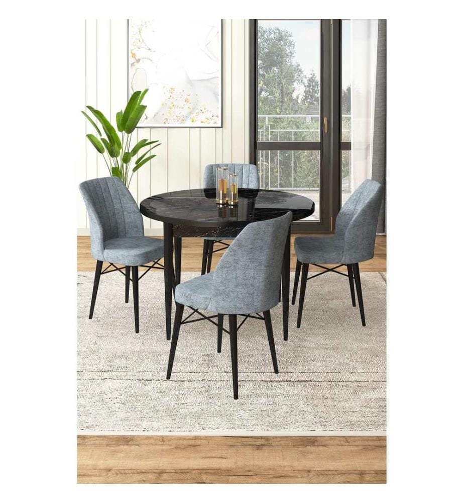 Essgruppe mit Tisch und Stühlen, 5-teilig, Schwarzer Marmor, Grau, 100 % melaminbeschichtete Spanplatte