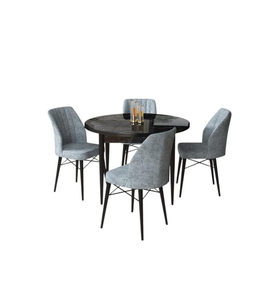Essgruppe mit Tisch und Stühlen, 5-teilig, Schwarzer Marmor, Grau, 100 % melaminbeschichtete Spanplatte