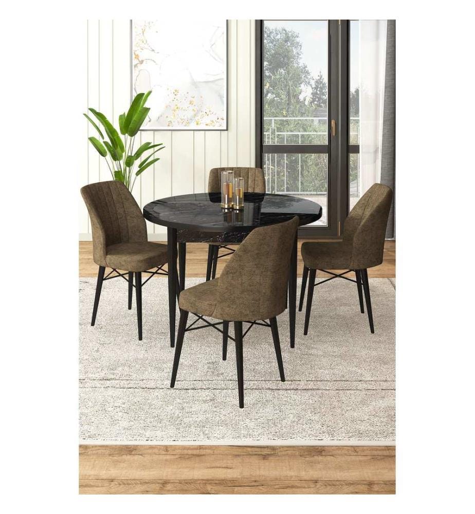 Ensemble de salle à manger avec table et chaises, 5 pièces, marbre noir, marron, 100 % panneau de particules mélaminé