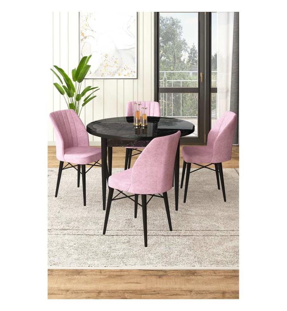 Ensemble de salle à manger avec table et chaises, 5 pièces, Marbre noir, Rose, 100 % panneau de particules mélaminé