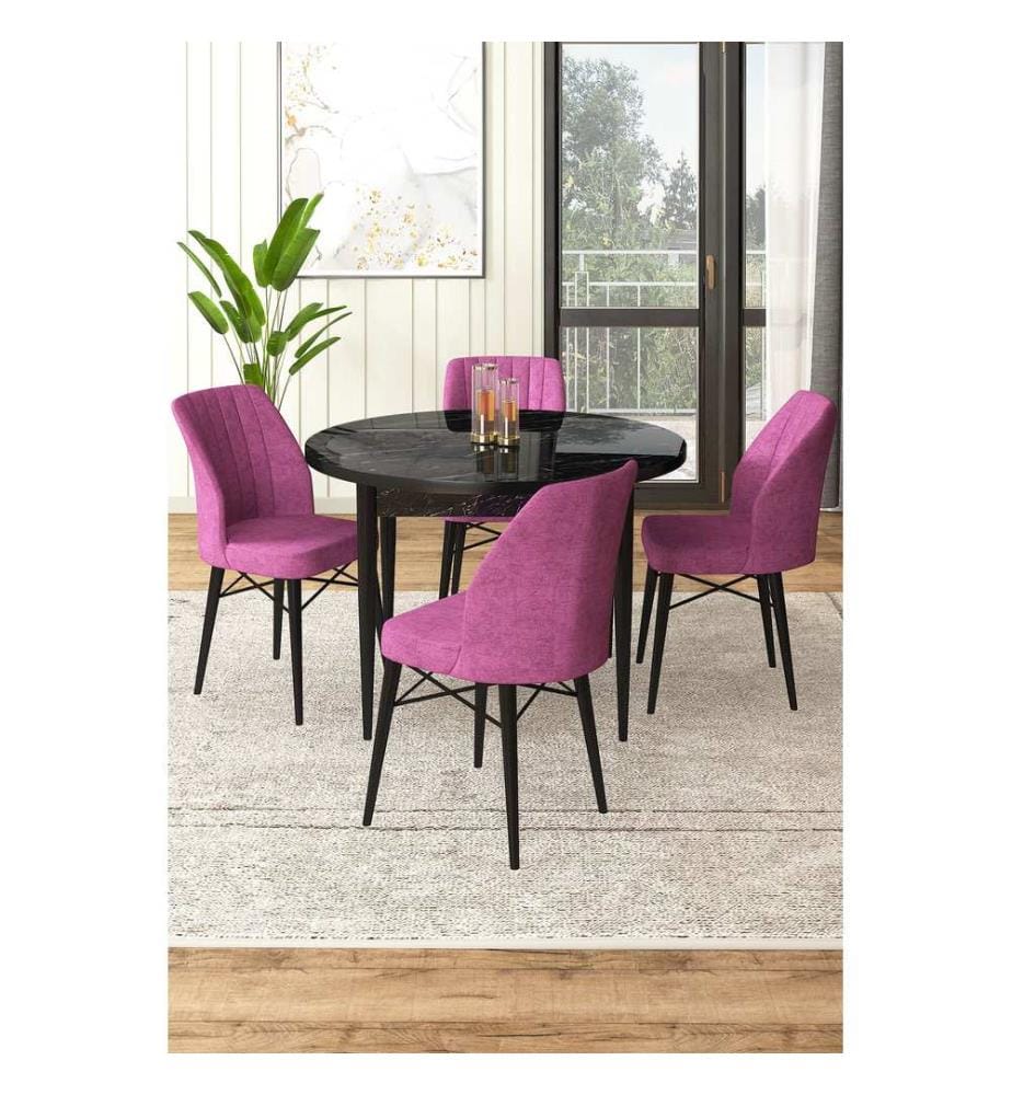 Ensemble de salle à manger avec table et chaises, 5 pièces, Marbre noir, Violet, 100 % panneau de particules mélaminé