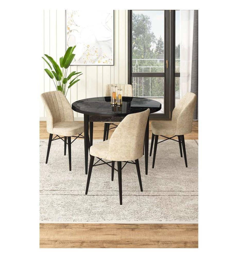Essgruppe mit Tisch und Stühlen, 5-teilig, Schwarzer Marmor, Creme, 100 % melaminbeschichtete Spanplatte