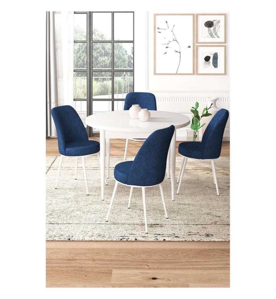 Ensemble de salle à manger avec table et chaises, 5 pièces, blanc, bleu marine, 100 % panneau de particules mélaminé