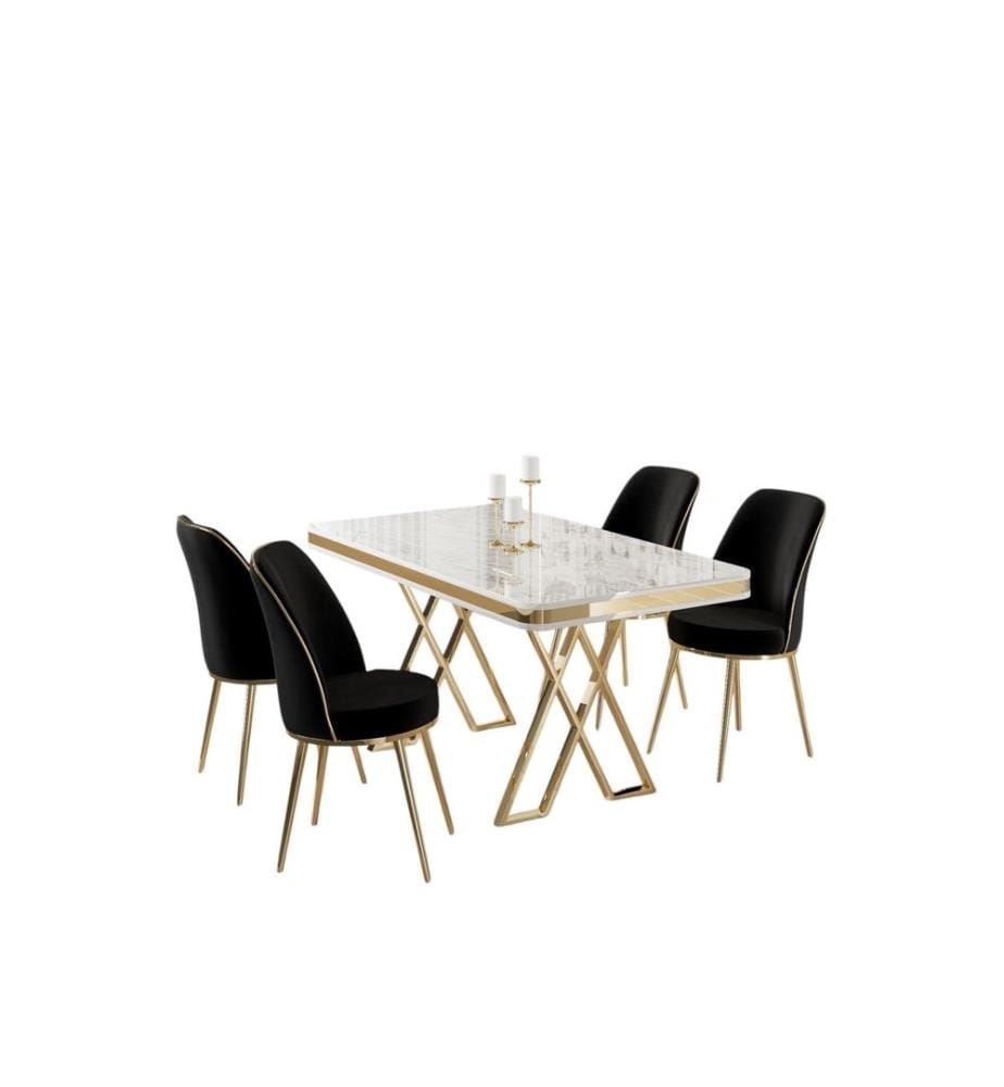 Set tavolo e sedie da pranzo, 5 pezzi, bianco, oro, nero, pannello laccato al 100%.