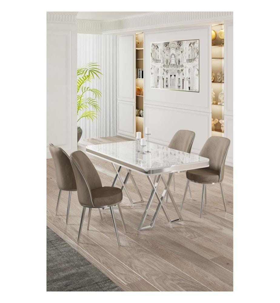 Ensemble de salle à manger avec table et chaises, 5 pièces, blanc, chrome, cappuccino, plateau 100 % laqué