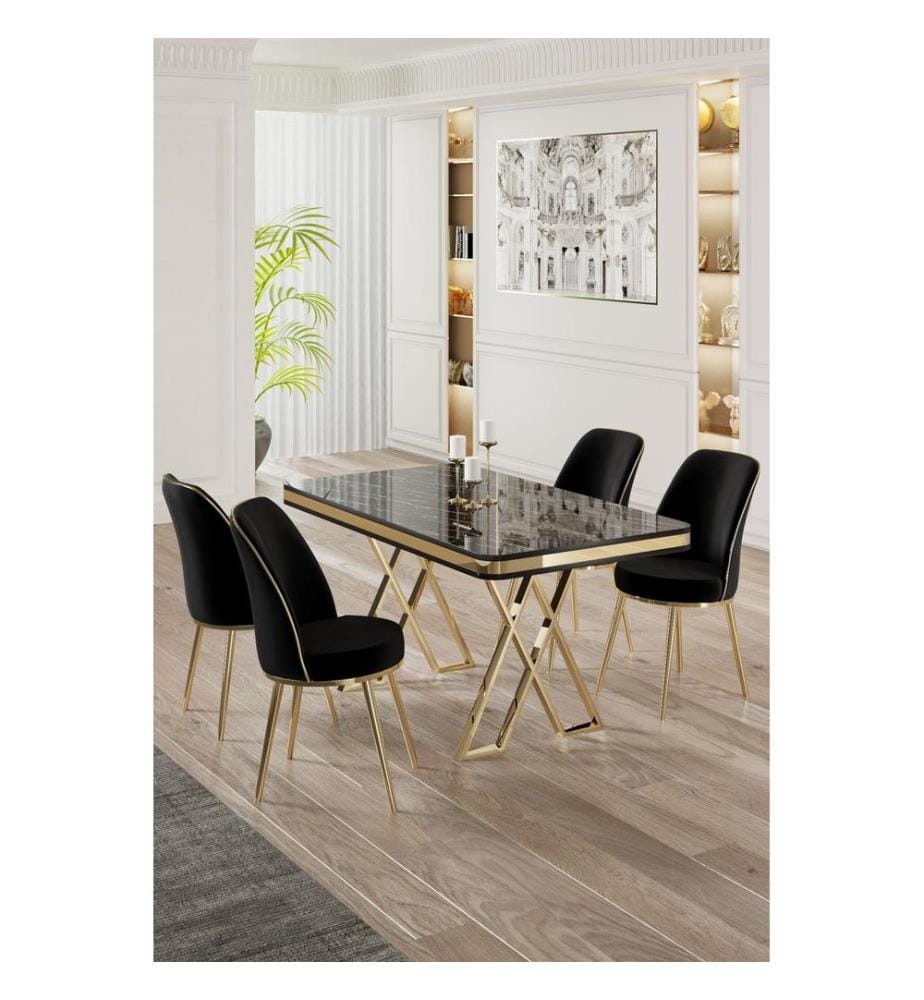 Set tavolo e sedie da pranzo, 5 pezzi, marmo nero, oro, nero, pannello laccato al 100%.