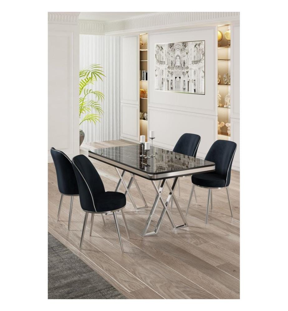 Essgruppe mit Tisch und Stühlen, 5-teilig, Schwarzer Marmor, Chrom, Anthrazit, 100 % Lackplatte