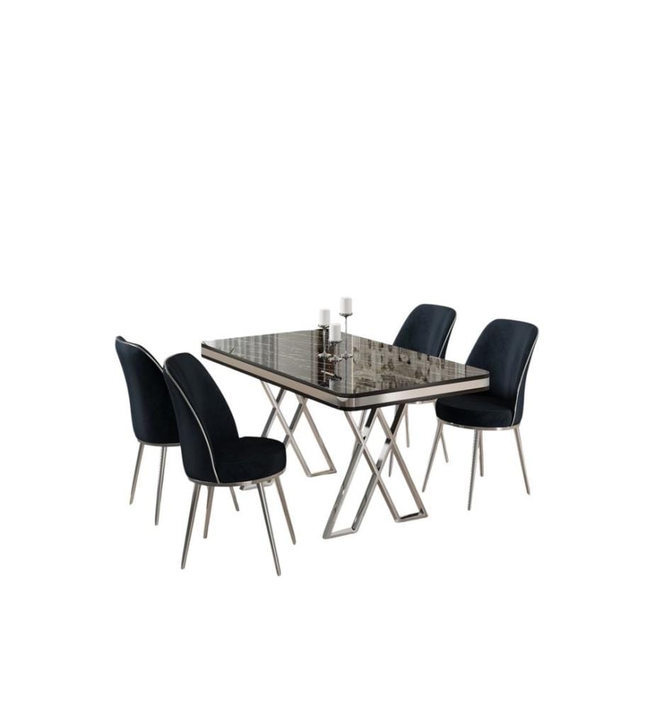 Essgruppe mit Tisch und Stühlen, 5-teilig, Schwarzer Marmor, Chrom, Anthrazit, 100 % Lackplatte