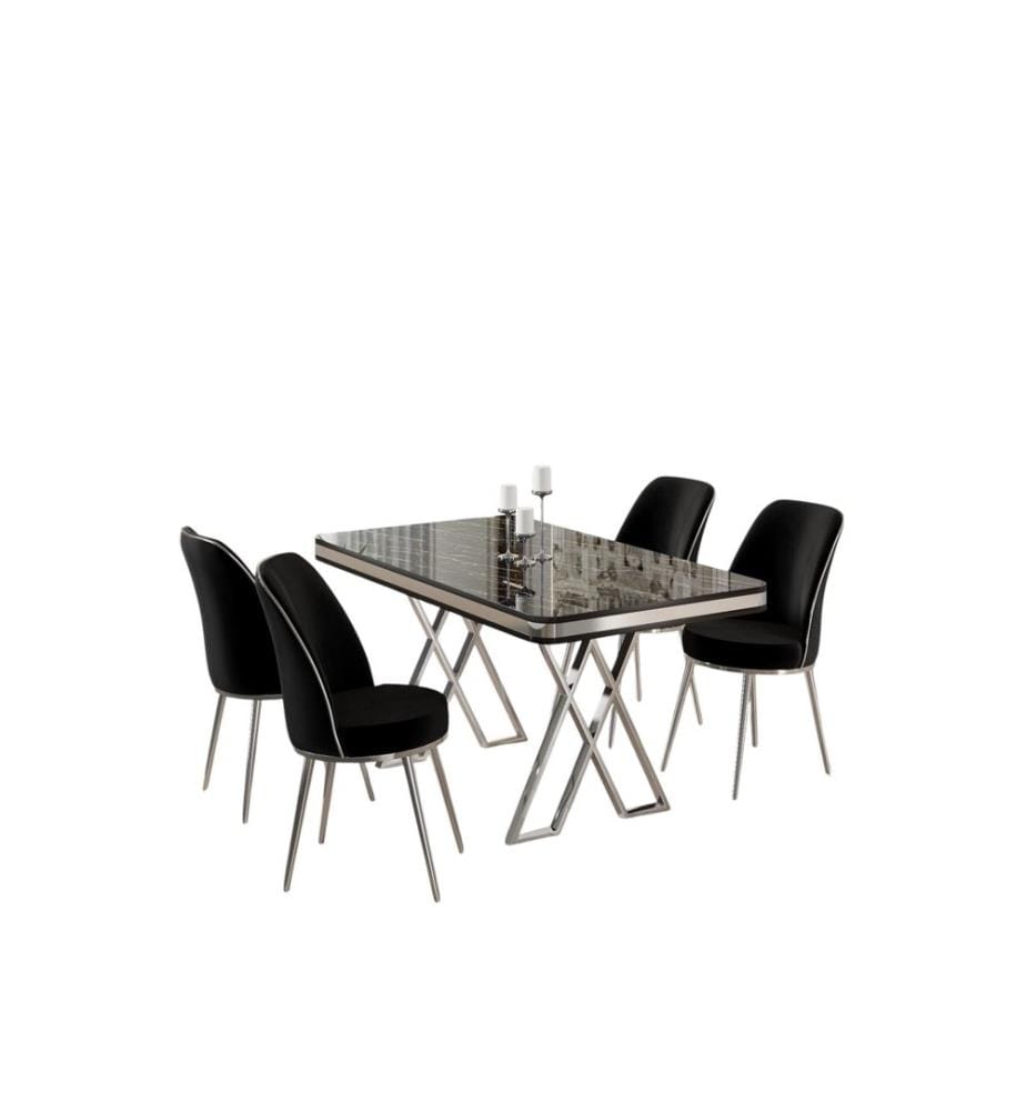 Essgruppe mit Tisch und Stühlen, 5-teilig, schwarzer Marmor, Chrom, Schwarz, 100 % lackierte Paneele