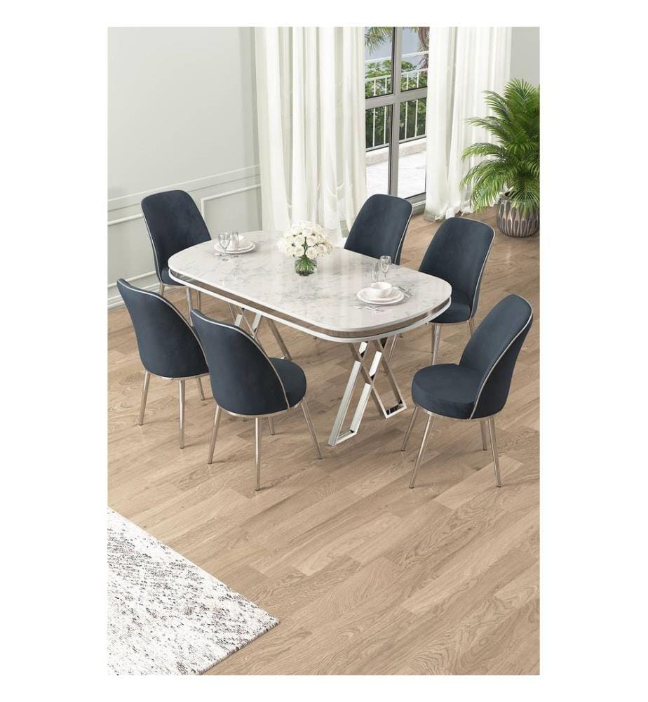 Ensemble de salle à manger avec table et chaises, 7 pièces, blanc, chrome, anthracite, 100 % plateau laqué