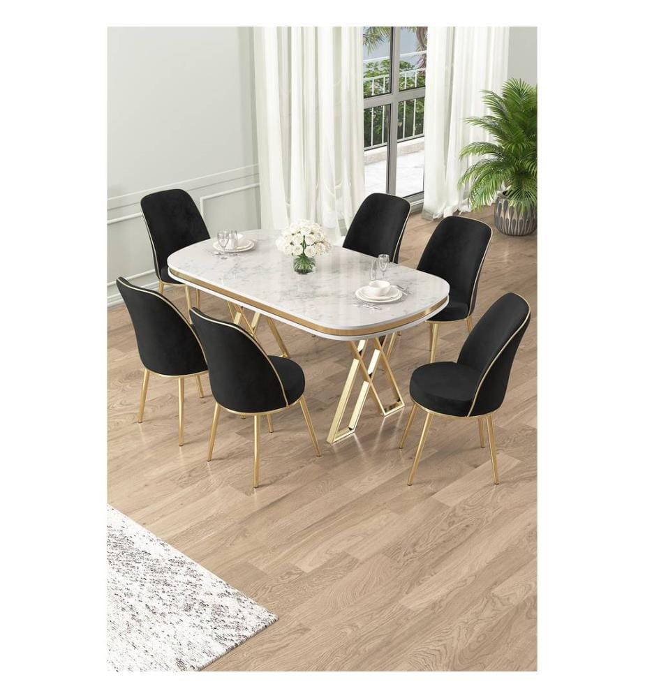Set tavolo e sedie da pranzo, 7 pezzi, bianco, oro, nero, pannello laccato al 100%.