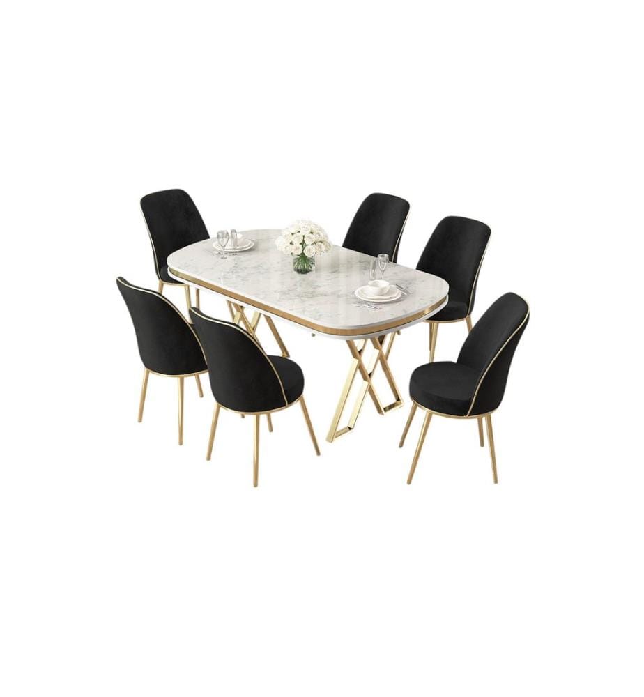Set tavolo e sedie da pranzo, 7 pezzi, bianco, oro, nero, pannello laccato al 100%.