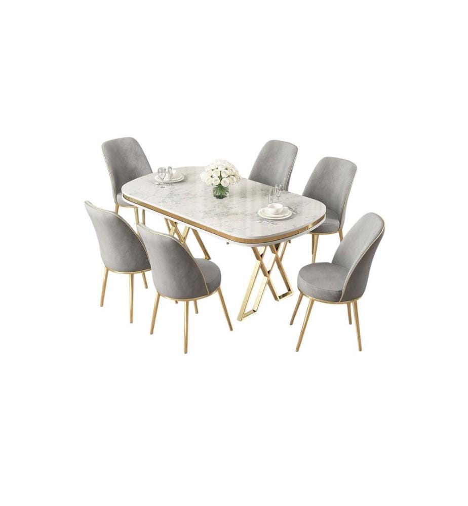 Ensemble de salle à manger avec table et chaises, 7 pièces, blanc, or, gris, 100 % panneau laqué