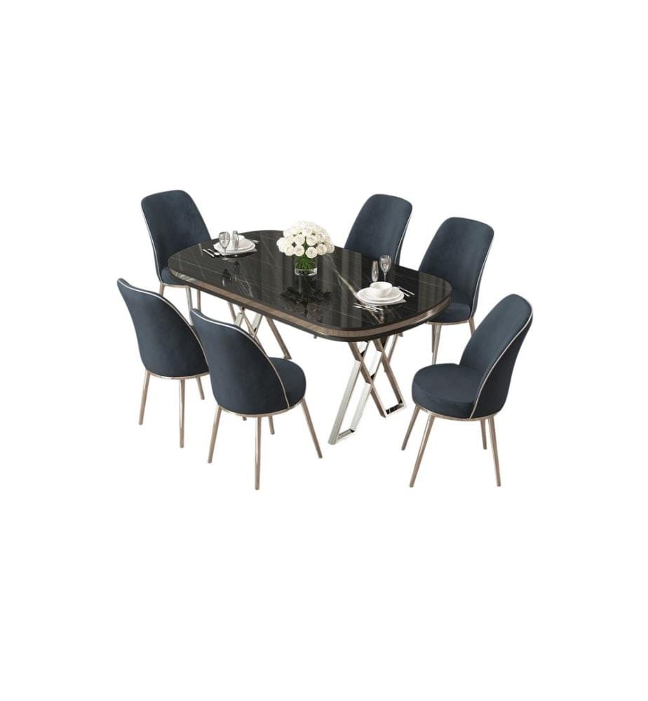 Essgruppe mit Tisch und Stühlen, 7-teilig, Schwarzer Marmor, Chrom, Anthrazit, 100 % Lackplatte