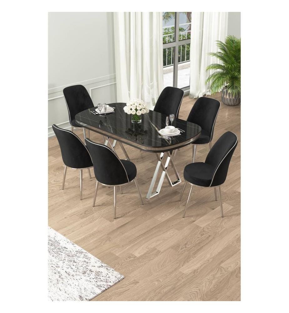 Essgruppe mit Tisch und Stühlen, 7-teilig, schwarzer Marmor, Chrom, Schwarz, 100 % lackierte Paneele