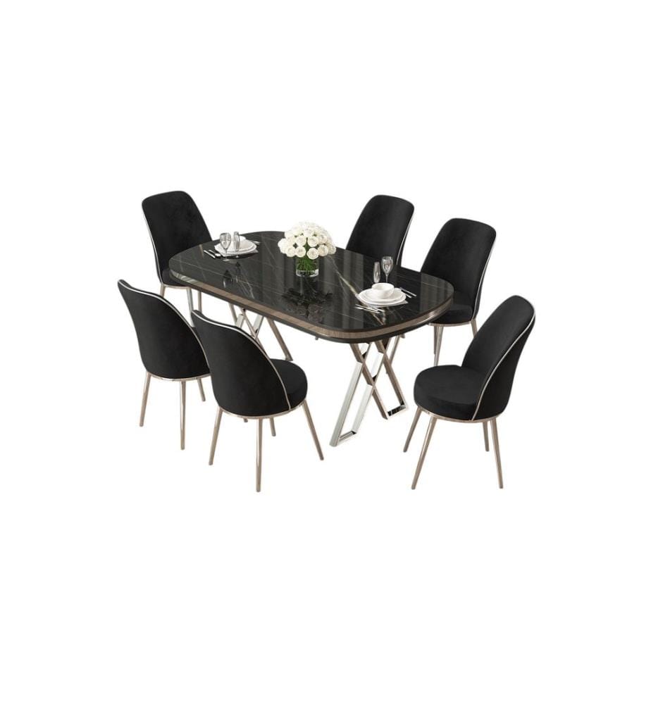 Essgruppe mit Tisch und Stühlen, 7-teilig, schwarzer Marmor, Chrom, Schwarz, 100 % lackierte Paneele