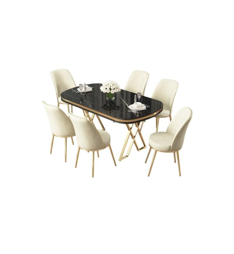Essgruppe mit Tisch und Stühlen, 7-teilig, schwarzer Marmor, Gold, Creme, 100 % Lackplatte