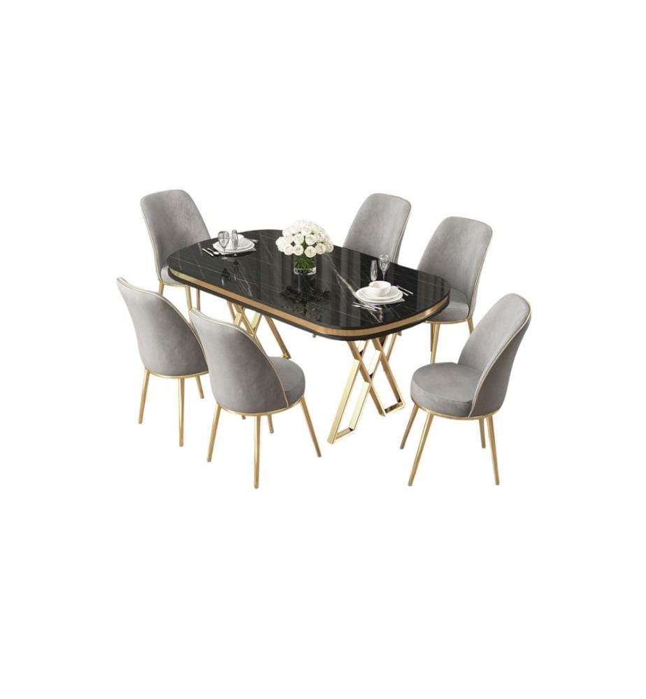 Essgruppe mit Tisch und Stühlen, 7-teilig, Schwarzer Marmor, Gold, Grau, 100 % Lackplatte