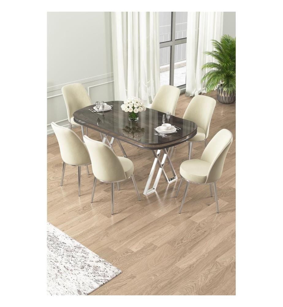 Essgruppe mit Tisch und Stühlen, 7-teilig, Anthrazit, Chrom, Creme, 100 % Lackplatte