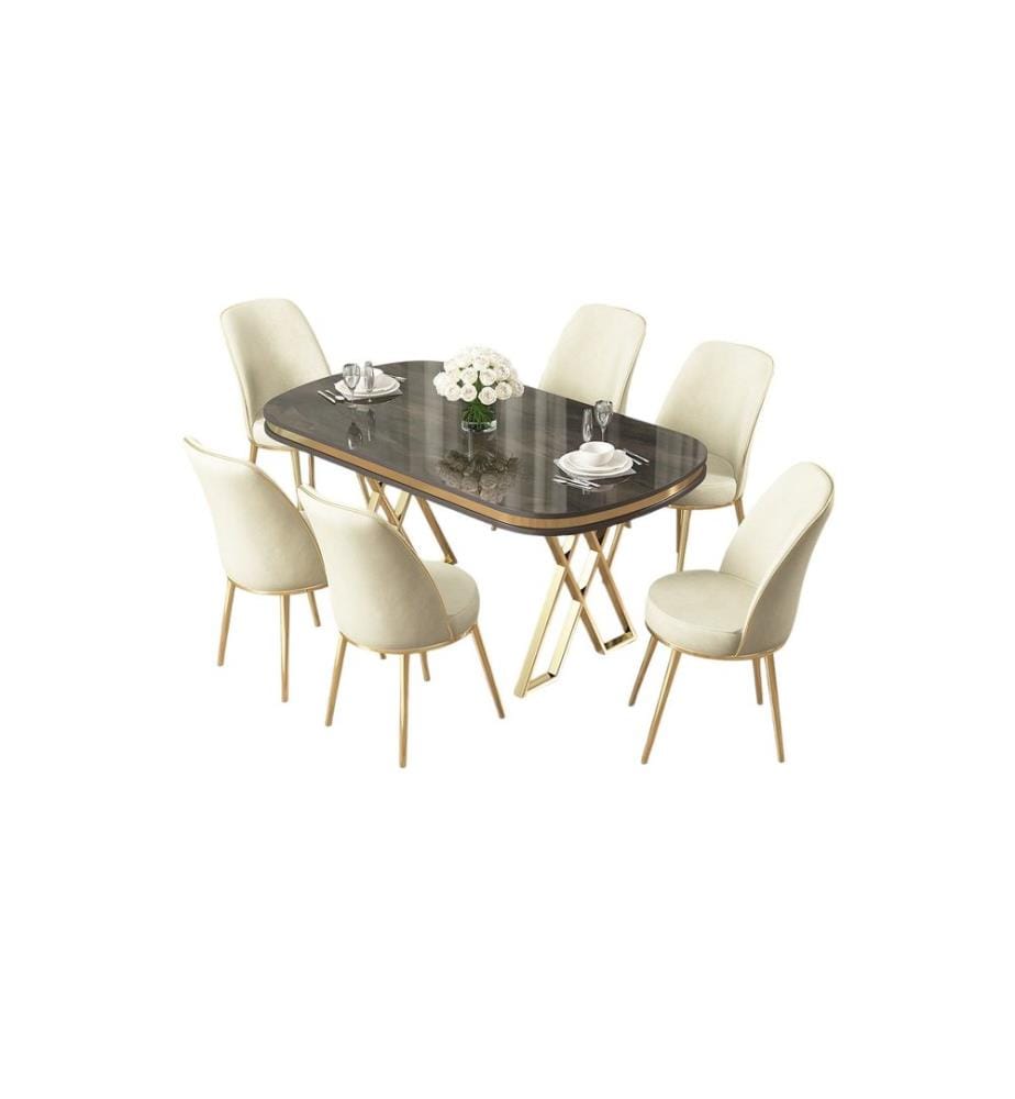 Ensemble de salle à manger avec table et chaises, 7 pièces, anthracite, or, crème, 100 % plateau laqué