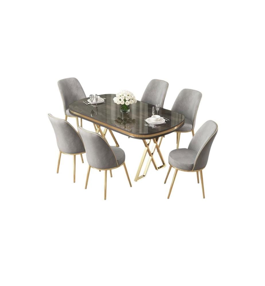 Essgruppe mit Tisch und Stühlen, 7-teilig, Anthrazit, Gold, Grau, 100 % Lackplatte