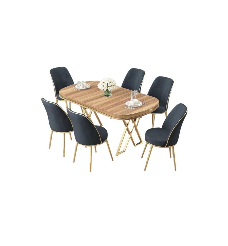 Ensemble de salle à manger avec table et chaises, 7 pièces, noyer clair, or, anthracite, plateau 100 % laqué
