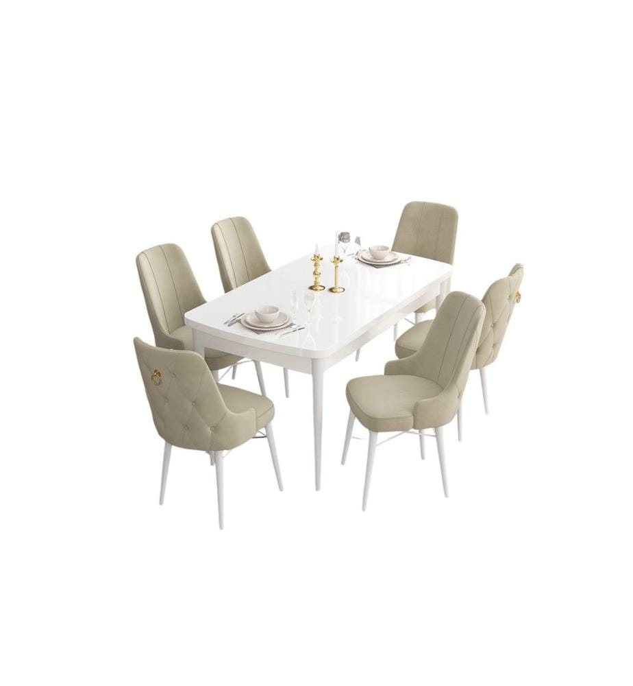 Set da pranzo allungabile con tavolo e sedie, 7 pezzi, bianco e crema, 100% MDF