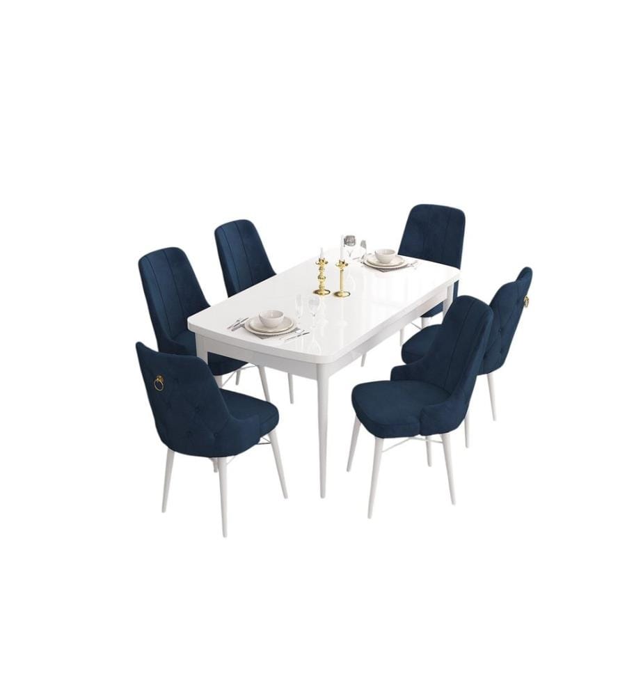 Set da pranzo allungabile con tavolo e sedie, 7 pezzi, bianco e blu navy, 100% MDF