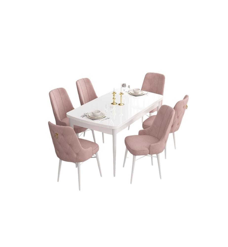 Set da pranzo allungabile con tavolo e sedie, 7 pezzi, bianco e rosa, 100% MDF