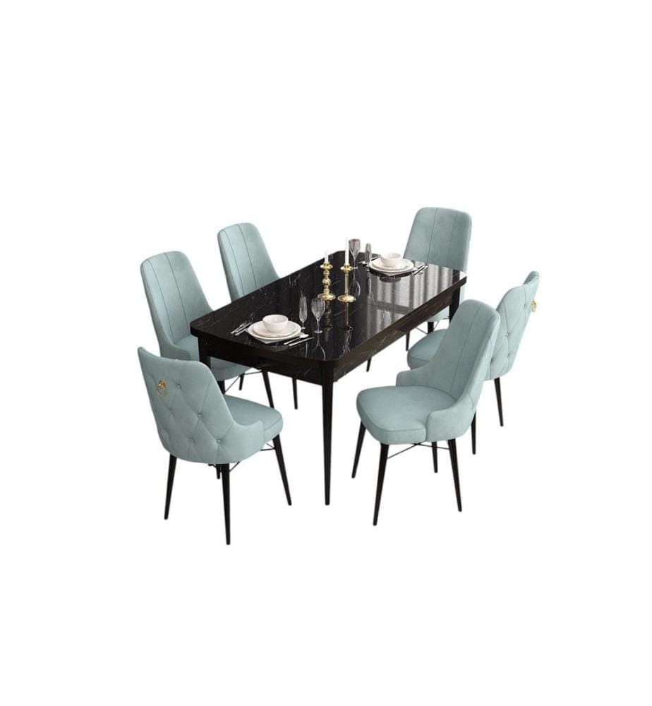 Set da pranzo allungabile con tavolo e sedie, 7 pezzi, marmo nero, verde mare, 100% MDF