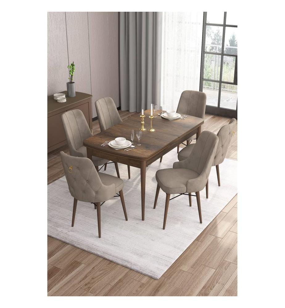 Table de salle à manger extensible avec chaises, 7 pièces, baroque, cappuccino, 100 % MDF