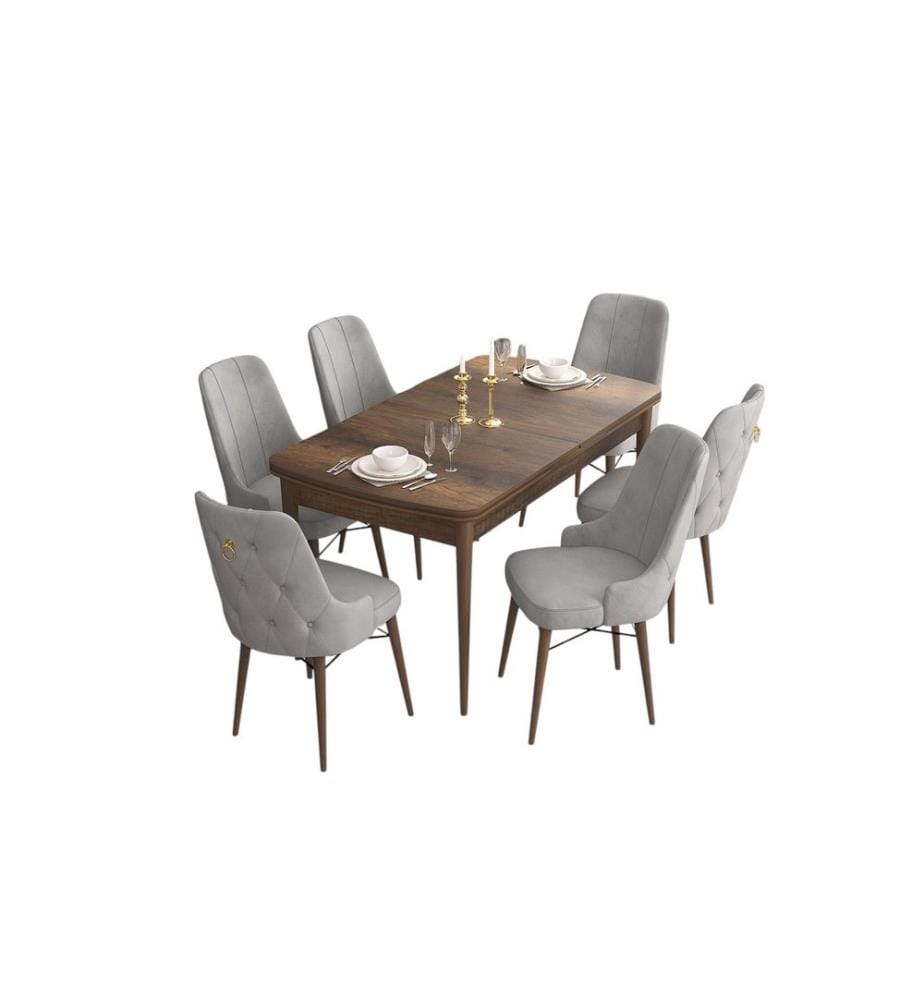Table de salle à manger extensible avec chaises, 7 pièces, style baroque, gris, 100 % MDF