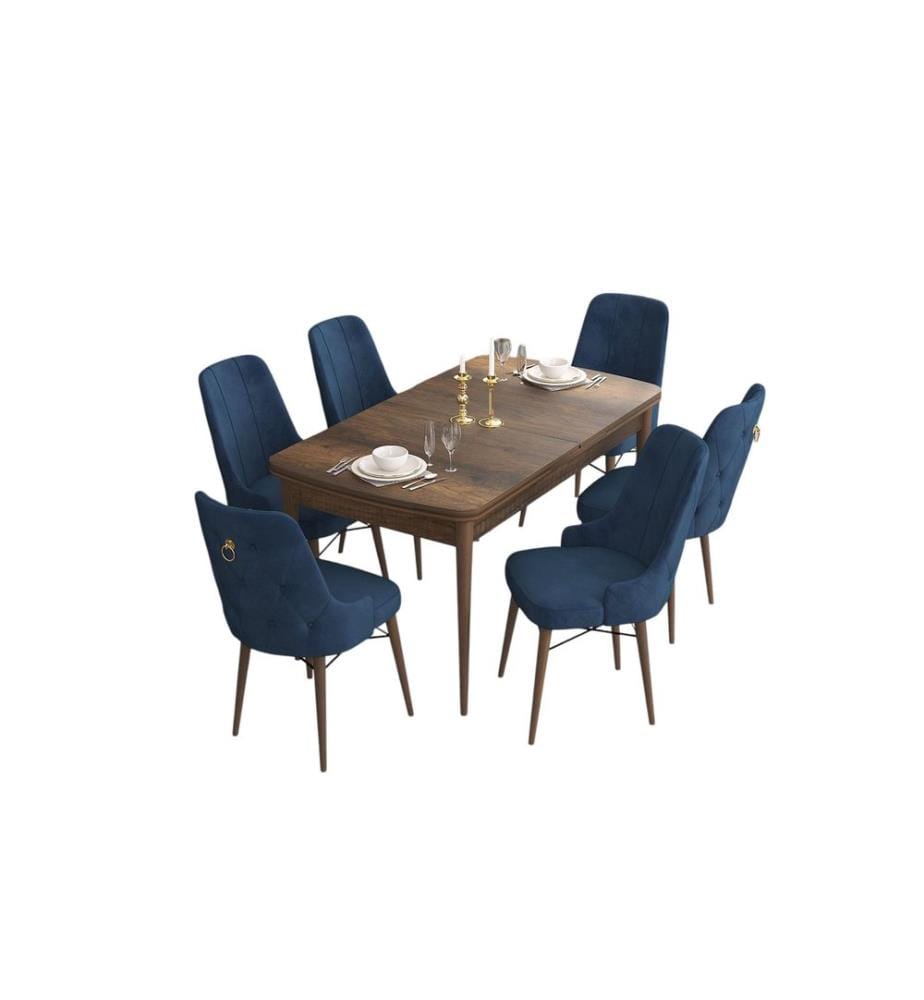 Set da pranzo allungabile con tavolo e sedie, 7 pezzi, stile barocco, blu navy, 100% MDF