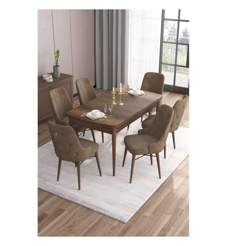 Set da pranzo allungabile con tavolo e sedie, 7 pezzi, stile barocco, marrone, 100% MDF