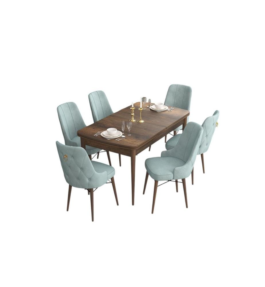 Table de salle à manger extensible avec chaises, 7 pièces, baroque, vert lac, 100 % MDF
