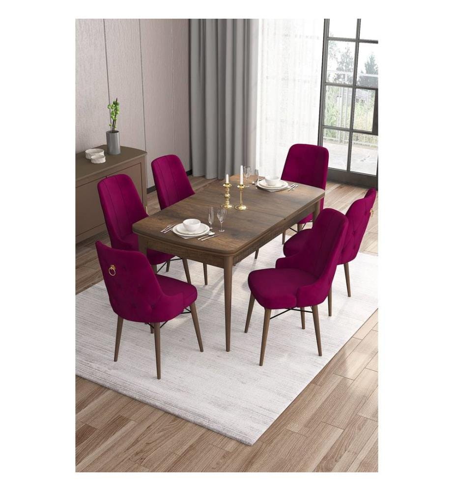 Table de salle à manger extensible avec chaises, 7 pièces, baroque, rouge prune, 100 % MDF