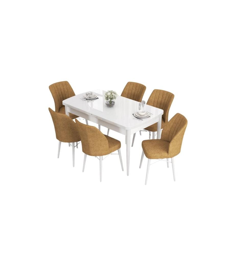Set tavolo e sedie da pranzo allungabili, 7 pezzi, bianco, cappuccino, 100% MDF