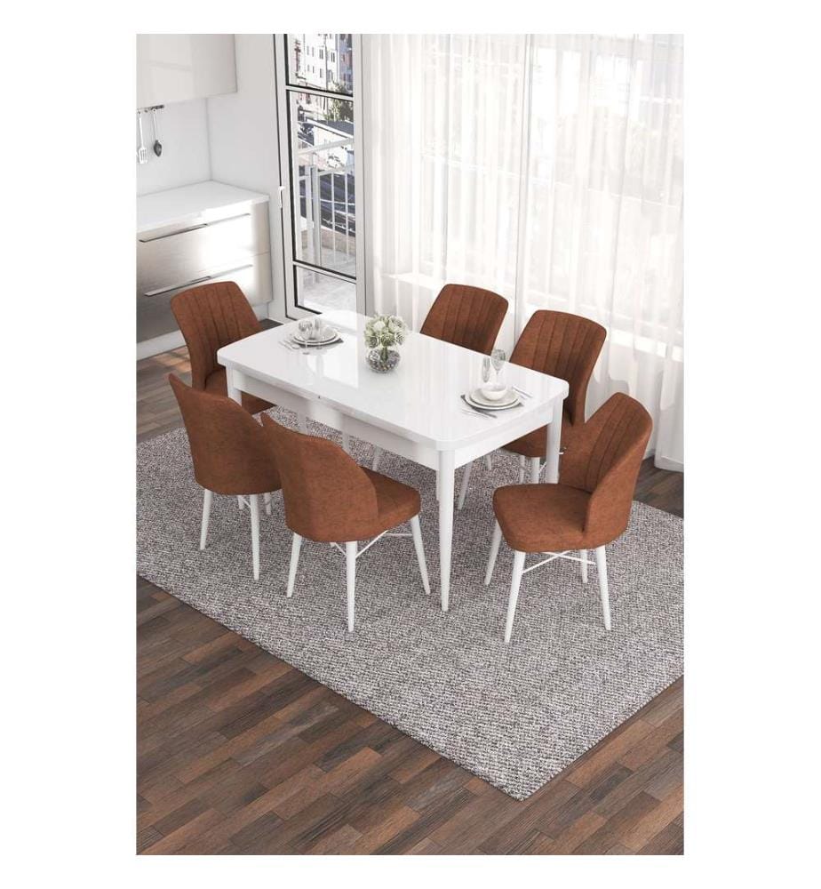 Set da pranzo allungabile con tavolo e sedie, 7 pezzi, bianco, rosso piastrella, 100% MDF