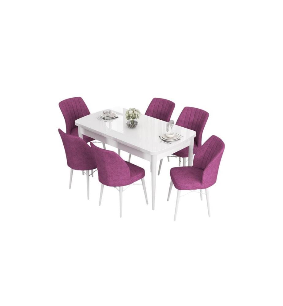 Set da pranzo allungabile con tavolo e sedie, 7 pezzi, bianco e viola, 100% MDF