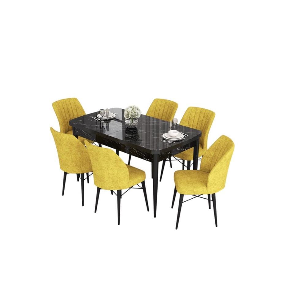 Set da pranzo allungabile con tavolo e sedie, 7 pezzi, marmo nero, senape, 100% MDF